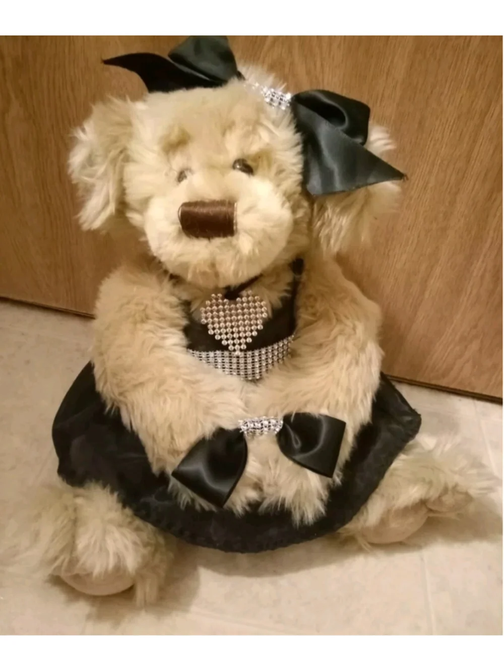 Vintage Adorable Floral Services Plush Tan Brown Teddy Bear 12” Black Dress